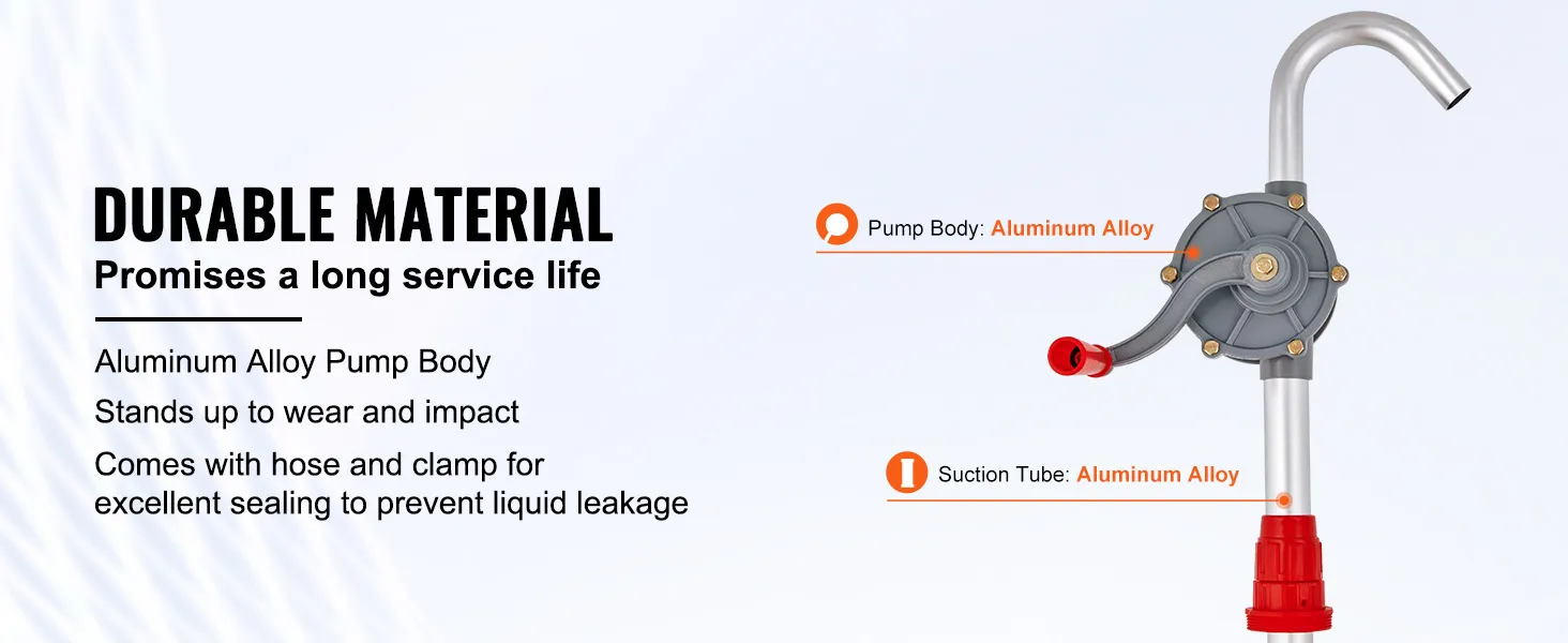 VEVOR drum pump with durable aluminum alloy body, hose, and clamp for excellent liquid sealing.