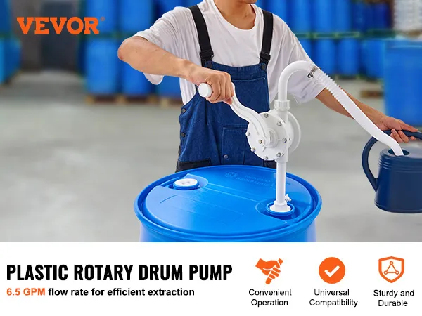 VEVOR drum pump showcasing convenient operation, universal compatibility, and sturdy durability in use.