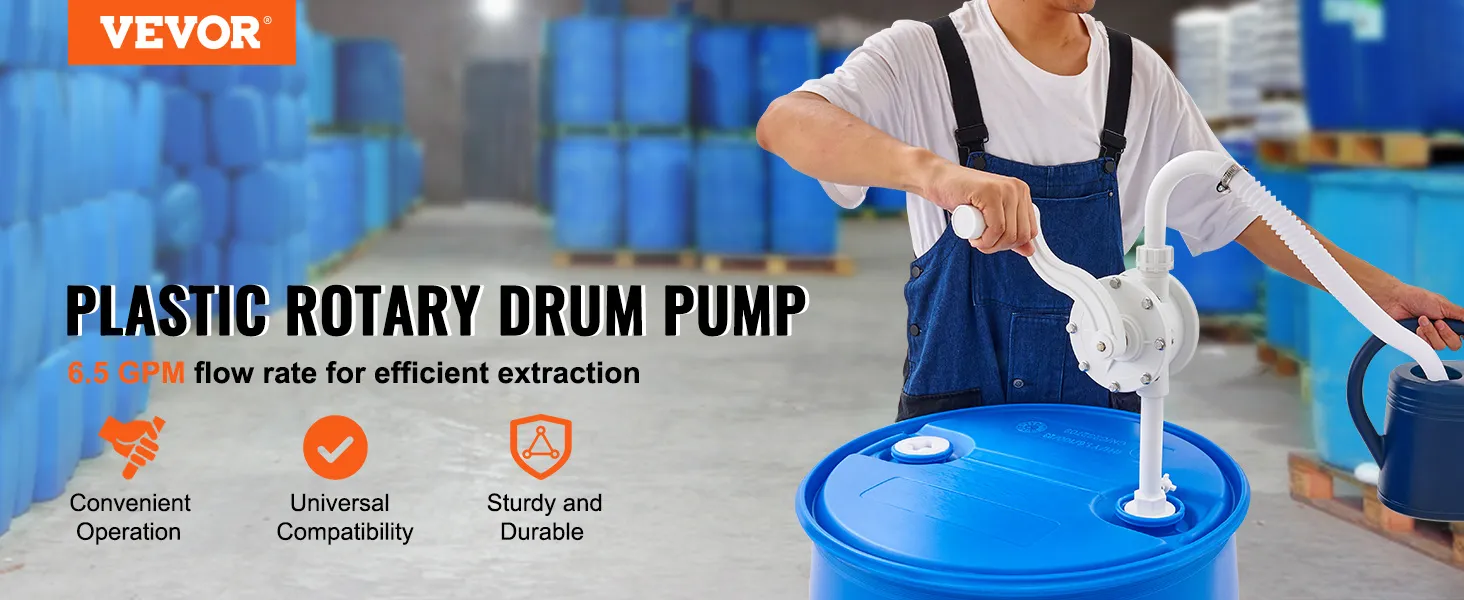 VEVOR drum pump showcasing convenient operation, universal compatibility, and sturdy durability in use.