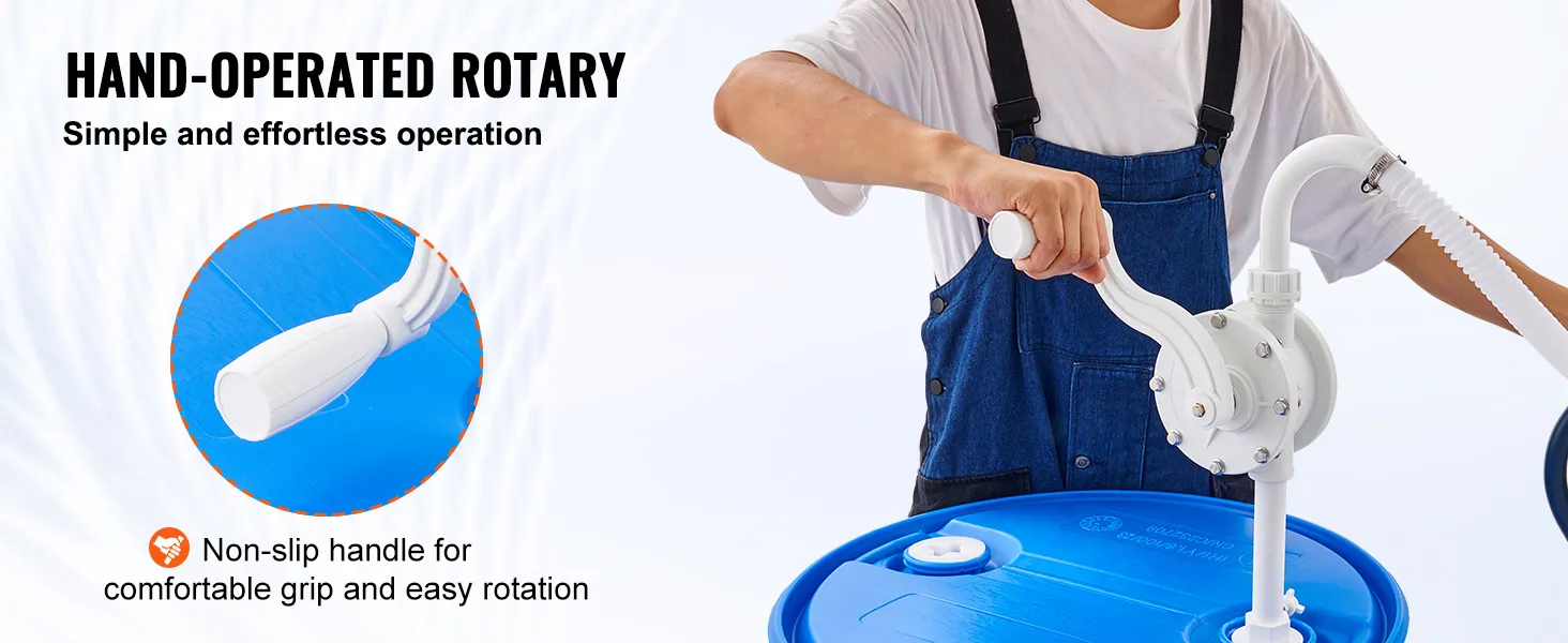 VEVOR drum pump with non-slip handle for easy operation on blue barrel. simple and effortless use.