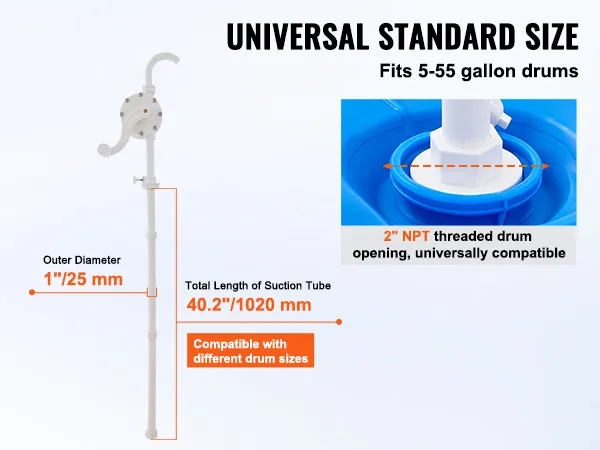 VEVOR drum pump with 1" diameter, 40.2" suction tube, fits 5-55 gallon drums, and 2" npt threading.