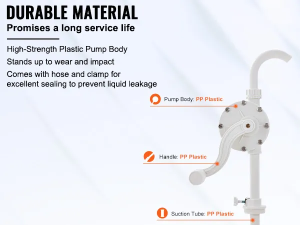 durable VEVOR drum pump with high-strength pp plastic body, handle, and suction tube for optimal sealing.