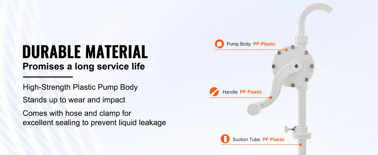 durable VEVOR drum pump with high-strength pp plastic body, handle, and suction tube for optimal sealing.