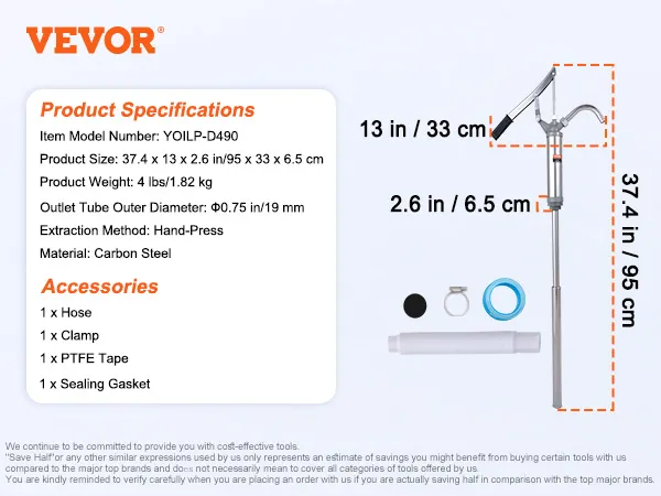 VEVOR drum pump dimensions and accessories, including hose, clamp, ptfe tape, and sealing gasket.