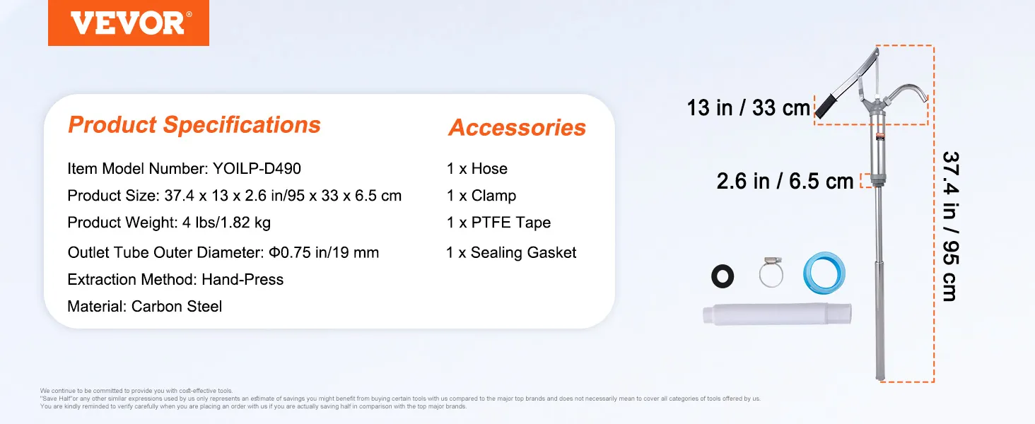VEVOR drum pump dimensions and accessories, including hose, clamp, ptfe tape, and sealing gasket.