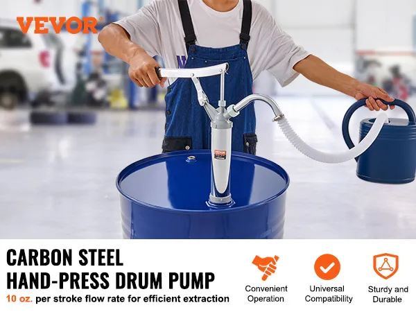 VEVOR drum pump: carbon steel hand-press, 10 oz. per stroke, convenient operation, universal compatibility.