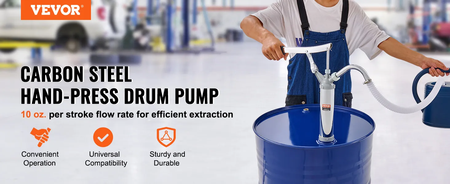 VEVOR drum pump: carbon steel hand-press, 10 oz. per stroke, convenient operation, universal compatibility.