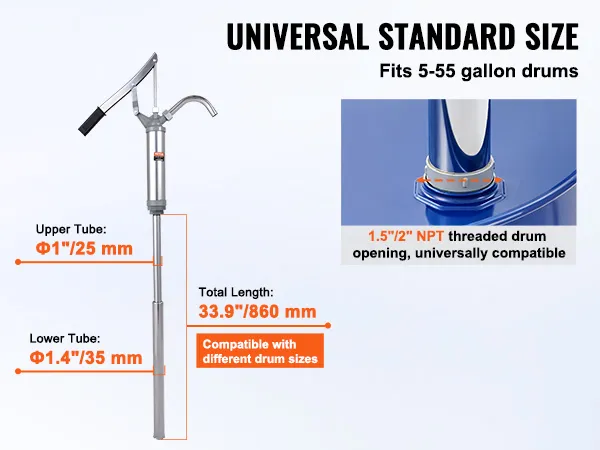 universal standard size VEVOR drum pump fits 5-55 gallon drums, 33.9" total length, 1.5" npt.