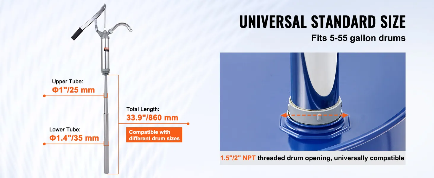 universal standard size VEVOR drum pump fits 5-55 gallon drums, 33.9" total length, 1.5" npt.