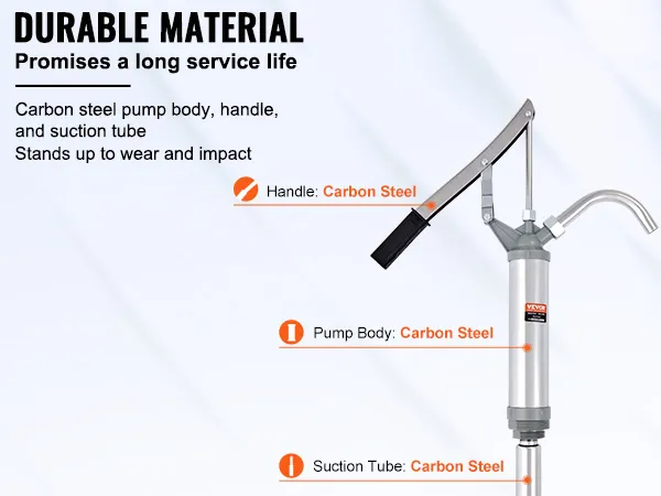 VEVOR drum pump with durable carbon steel body, handle, and suction tube for long service life.
