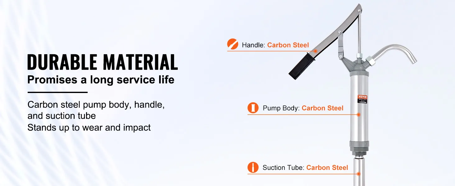 VEVOR drum pump with durable carbon steel body, handle, and suction tube for long service life.