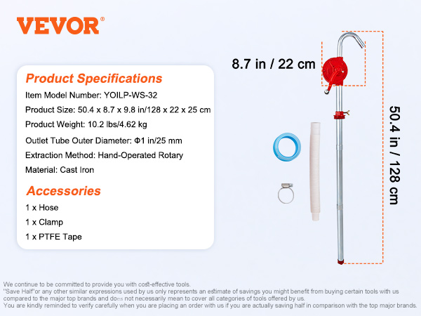 VEVOR drum pump specifications and accessories: hose, clamp, ptfe tape, 50.4x8.7x9.8 in.