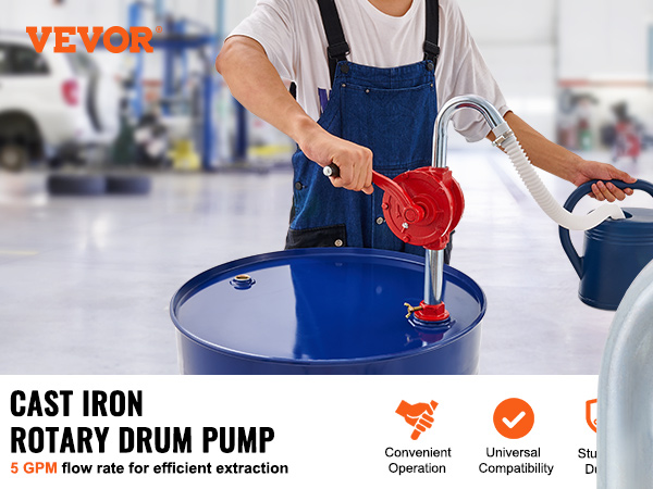 VEVOR drum pump with 5 gpm flow rate, convenient operation, universal compatibility, and sturdy design.
