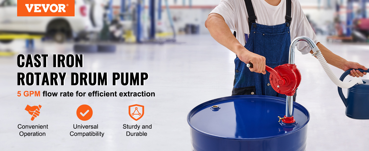 VEVOR drum pump with 5 gpm flow rate, convenient operation, universal compatibility, and sturdy design.