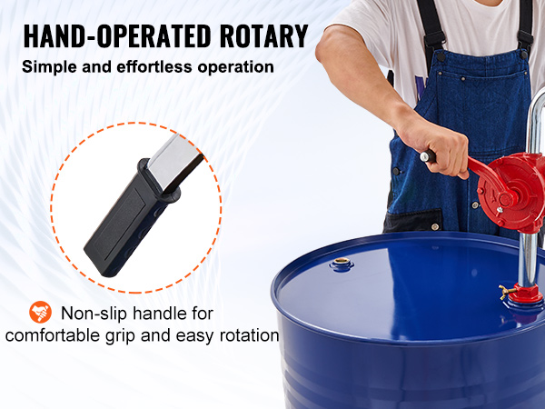 hand-operated rotary VEVOR drum pump with non-slip handle for easy operation.