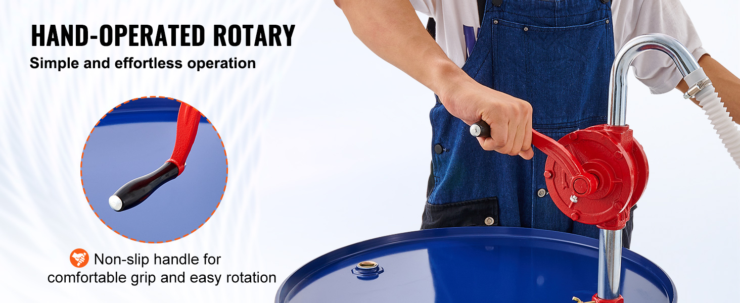 hand-operated rotary VEVOR drum pump with non-slip handle for easy operation.