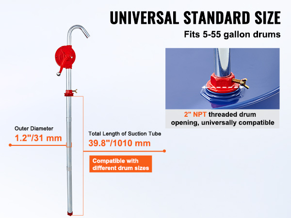 VEVOR drum pump fits 5-55 gallon drums, 39.8"/1010 mm suction tube, 1.2"/31 mm diameter.