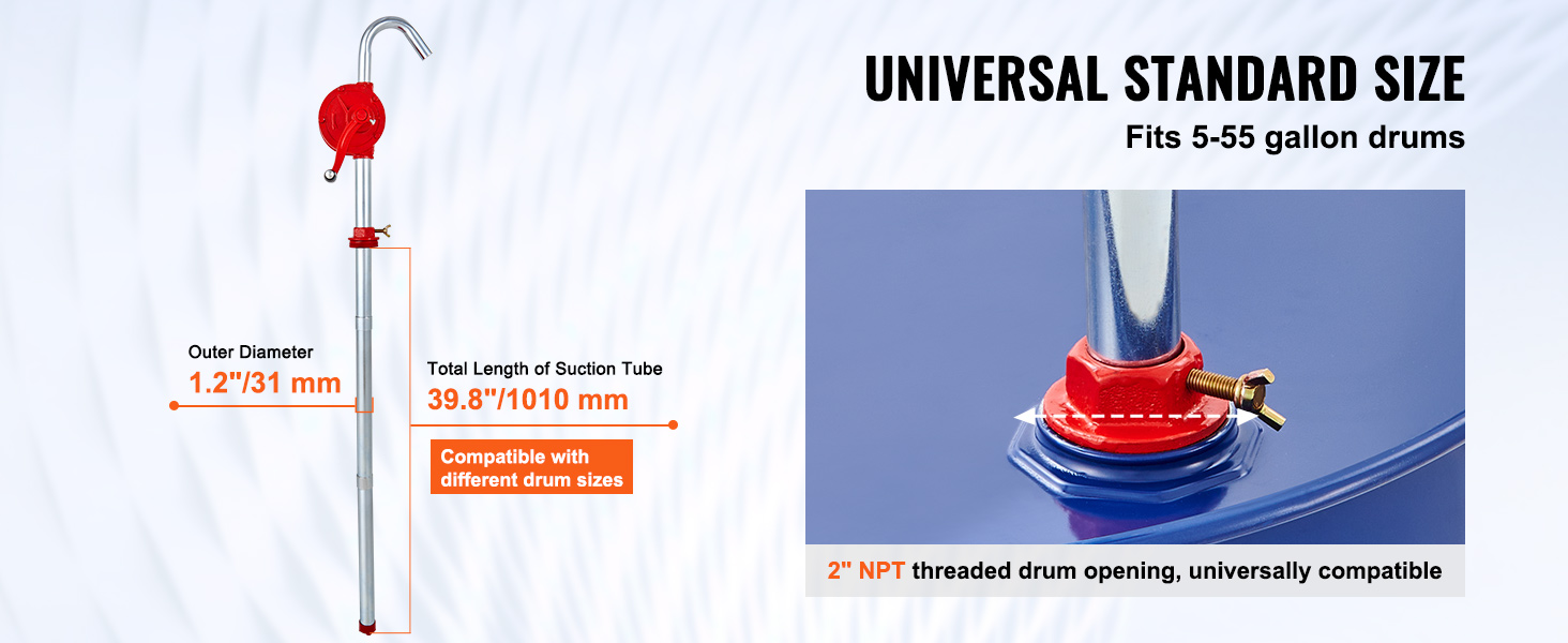 VEVOR drum pump fits 5-55 gallon drums, 39.8"/1010 mm suction tube, 1.2"/31 mm diameter.