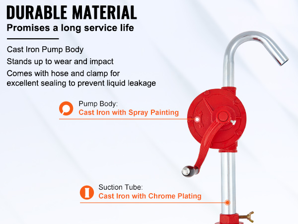 VEVOR drum pump with cast iron body, hose, clamp, and chrome-plated suction tube for durability.