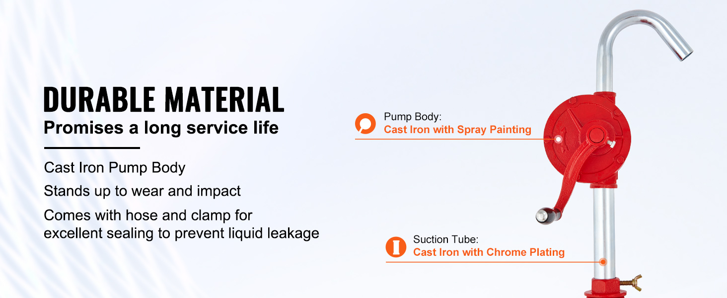 VEVOR drum pump with cast iron body, hose, clamp, and chrome-plated suction tube for durability.