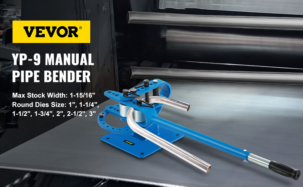 VEVOR metal bender yp-9 manual with various die sizes displayed in a workshop setting.