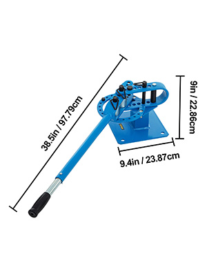 VEVOR metal bender with blue handle and base, dimensions labeled.