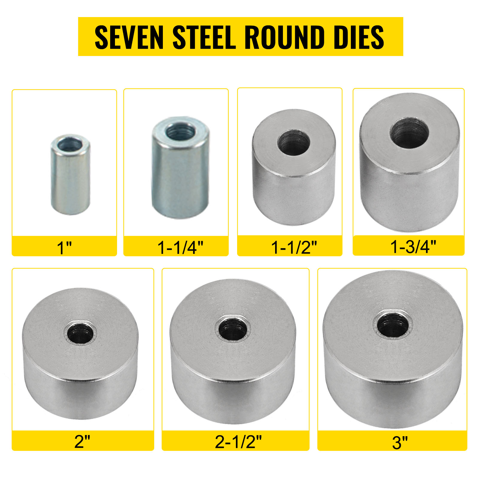 seven VEVOR metal bender round dies ranging from 1" to 3".