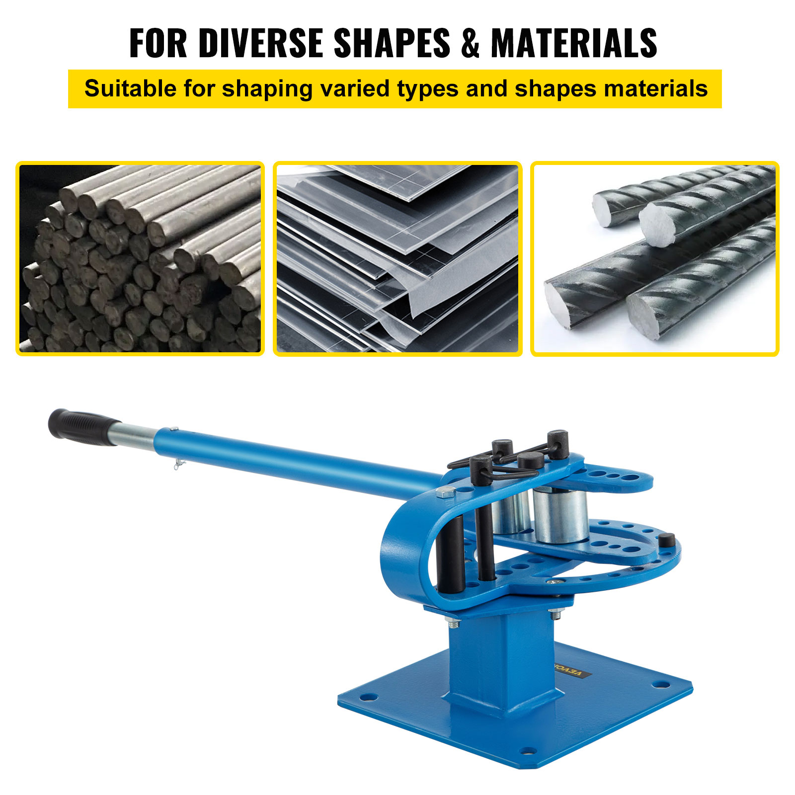 VEVOR metal bender for round, flat, and square stock bending types.