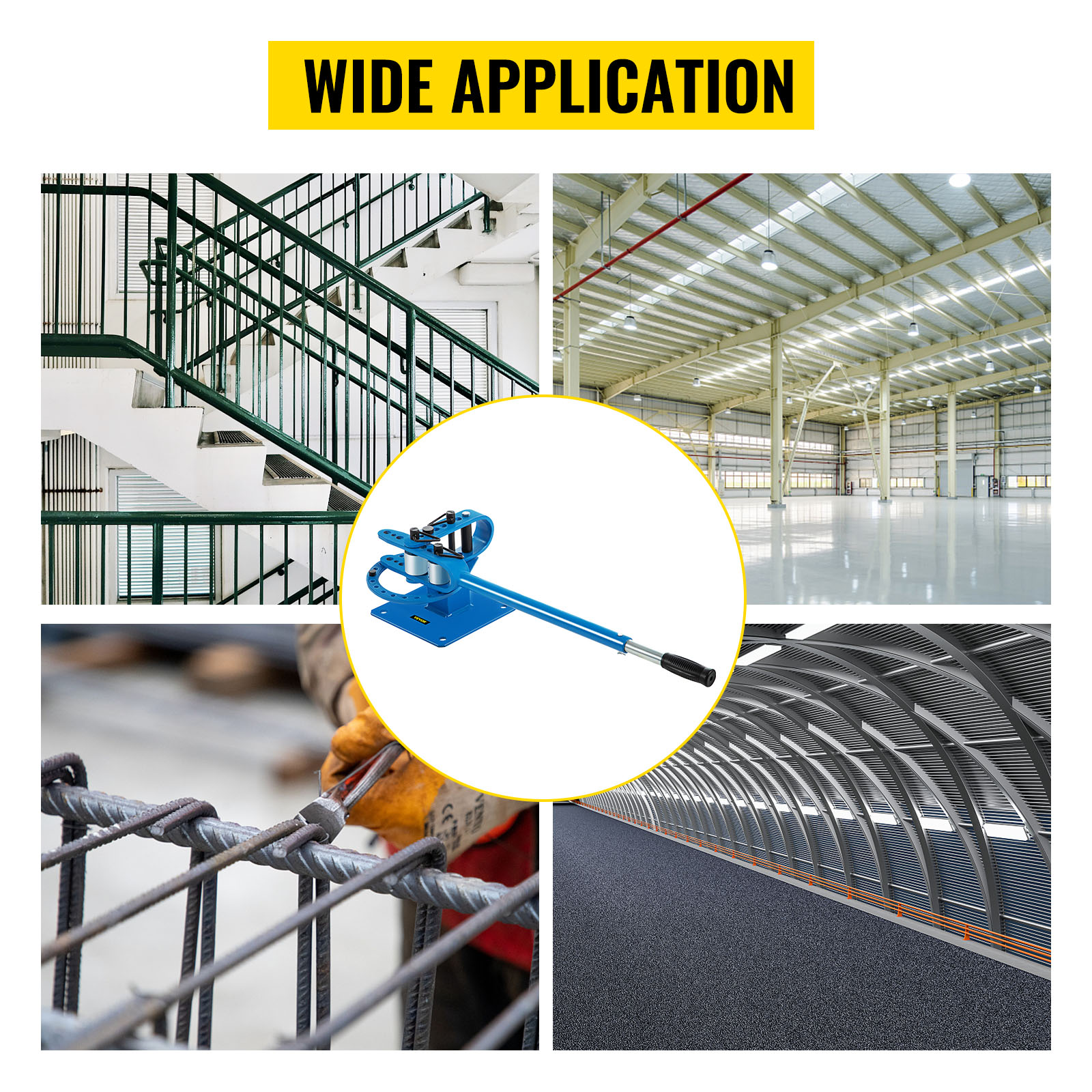 VEVOR metal bender with wide application in stair railing, warehouse, rebar, and construction.