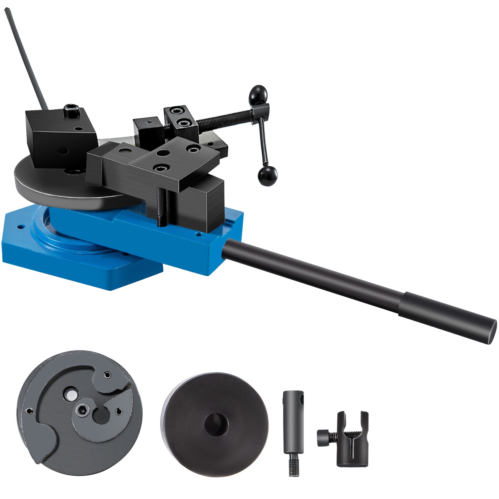 VEVOR metal scroll bender with black and blue components, handle, and accessory set.