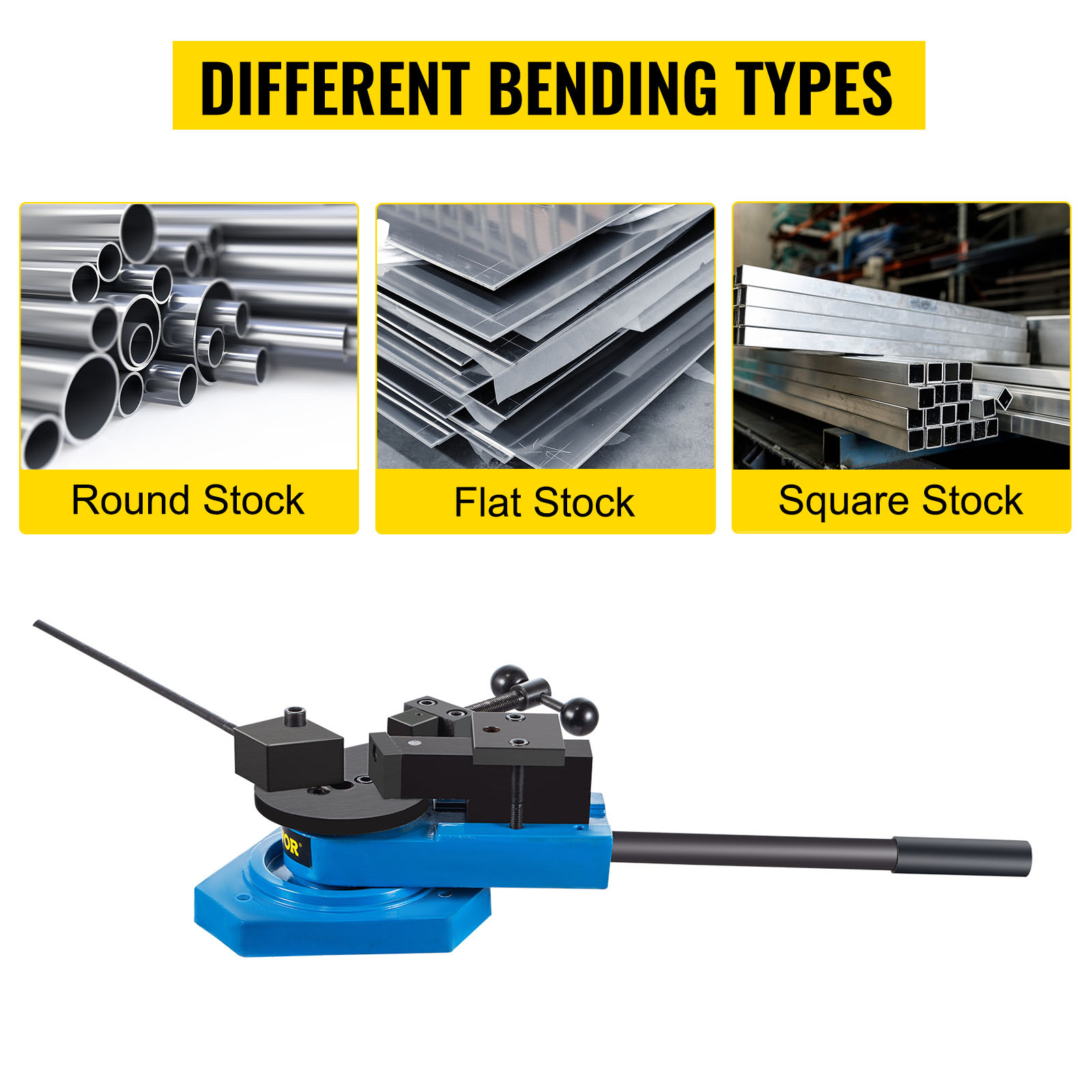 VEVOR metal scroll bender showcasing round, flat, and square stock bending types.