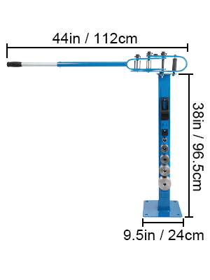 VEVOR metal bender with dimensions: 44in x 38in x 9.5in.