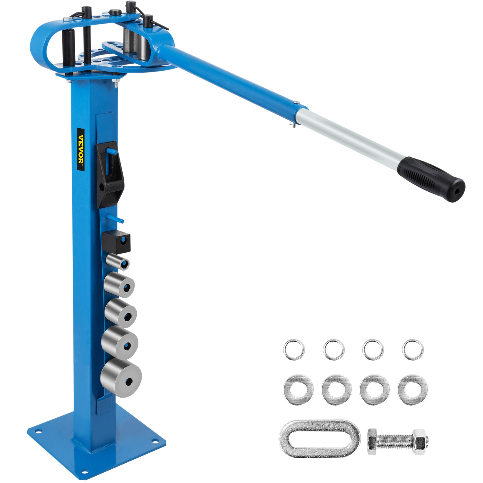 VEVOR metal bender with blue handle, steel rollers, and additional metal accessories.