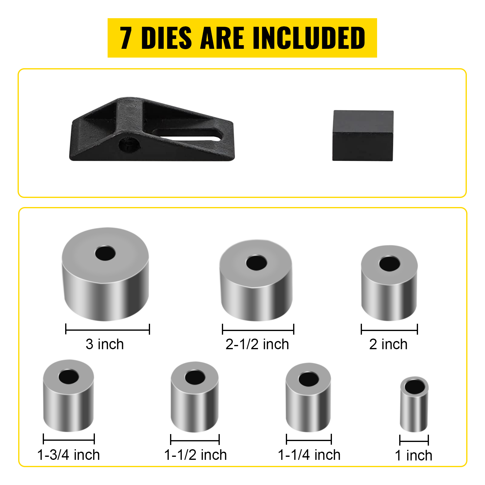 7 dies for VEVOR metal bender in various sizes, from 1 inch to 3 inches.