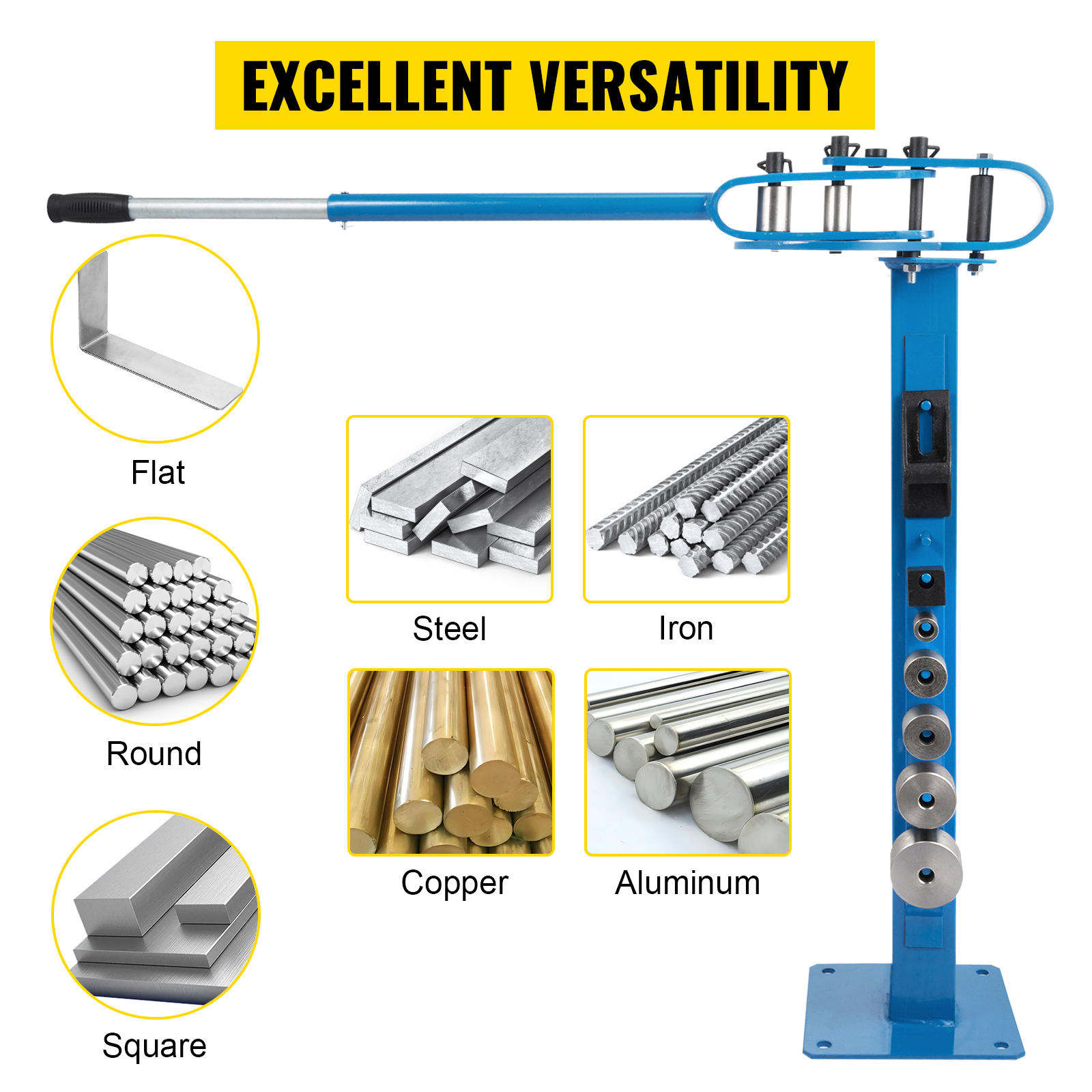 VEVOR metal bender for flat, round, square, steel, iron, copper, and aluminum. excellent versatility.