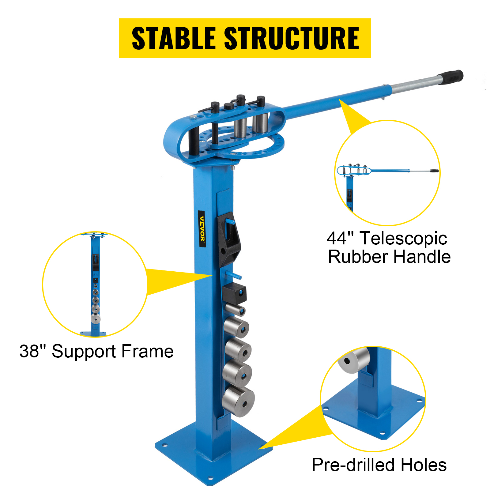 VEVOR metal bender with a 38" support frame, 44" telescopic rubber handle, and pre-drilled holes.