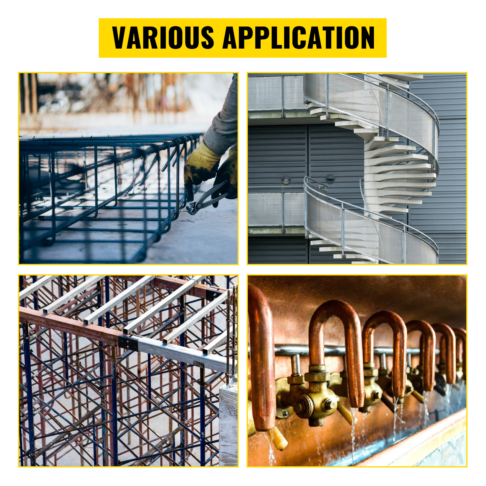 VEVOR metal bender used in construction, steel bending, staircases, and plumbing applications.