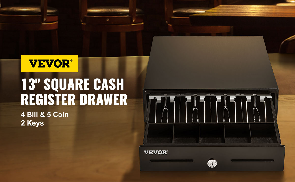 VEVOR cash register drawer, 13-inch, with slots for bills and coins, and two included keys on a wooden counter.