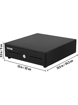 black VEVOR cash register drawer with dimensions 13.5x13x3.5 inches (34.3x33x9 cm).