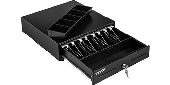 black VEVOR cash register drawer with open compartments and removable coin tray, secured with a key.