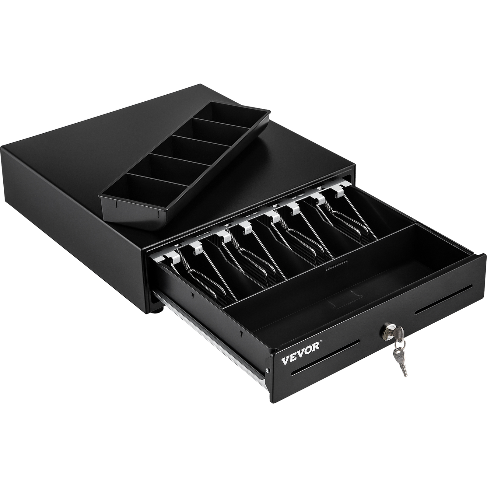 black VEVOR cash register drawer with removable compartments and coin trays, open with visible key lock.