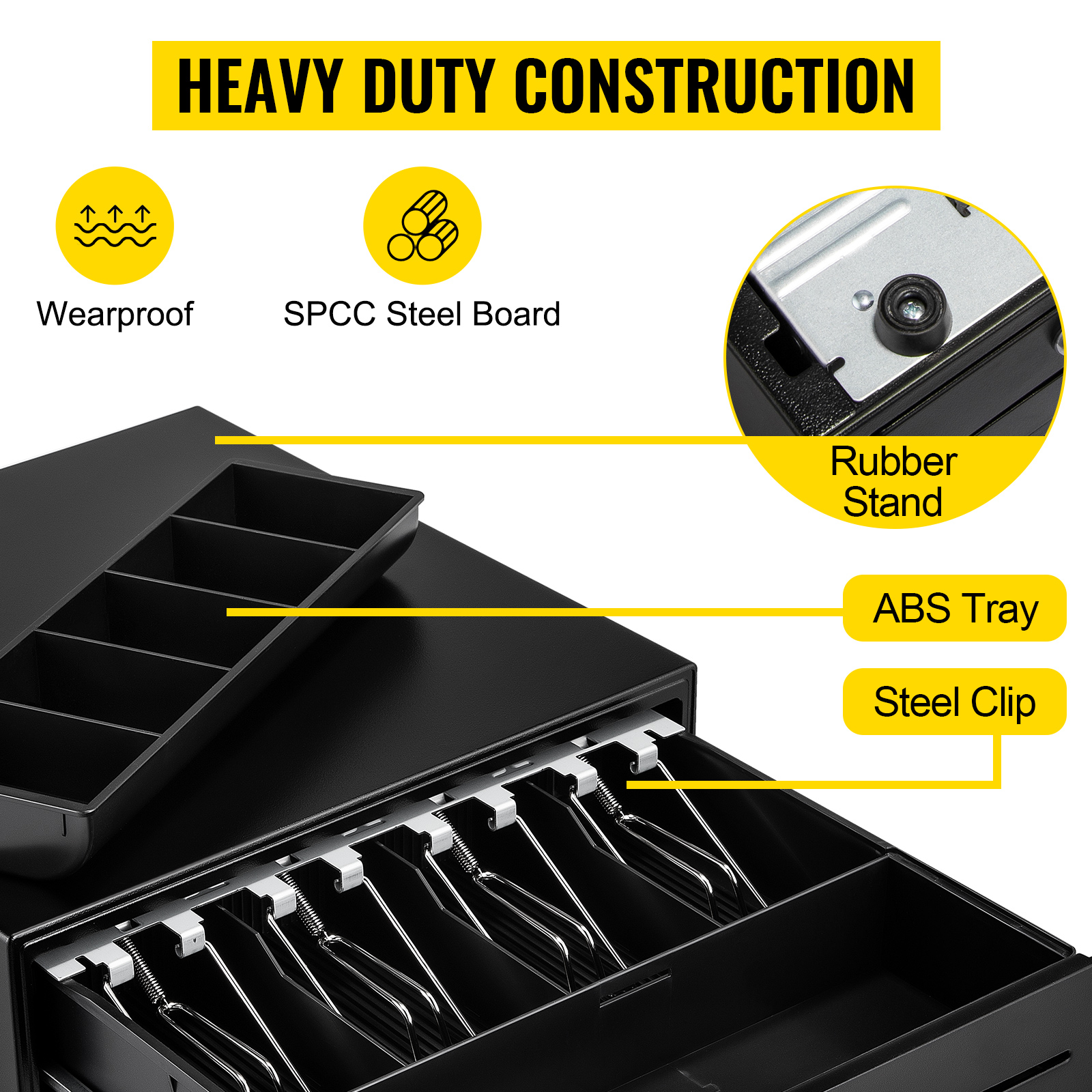 VEVOR cash register drawer with wearproof spcc steel board, abs tray, steel clip, and rubber stand.