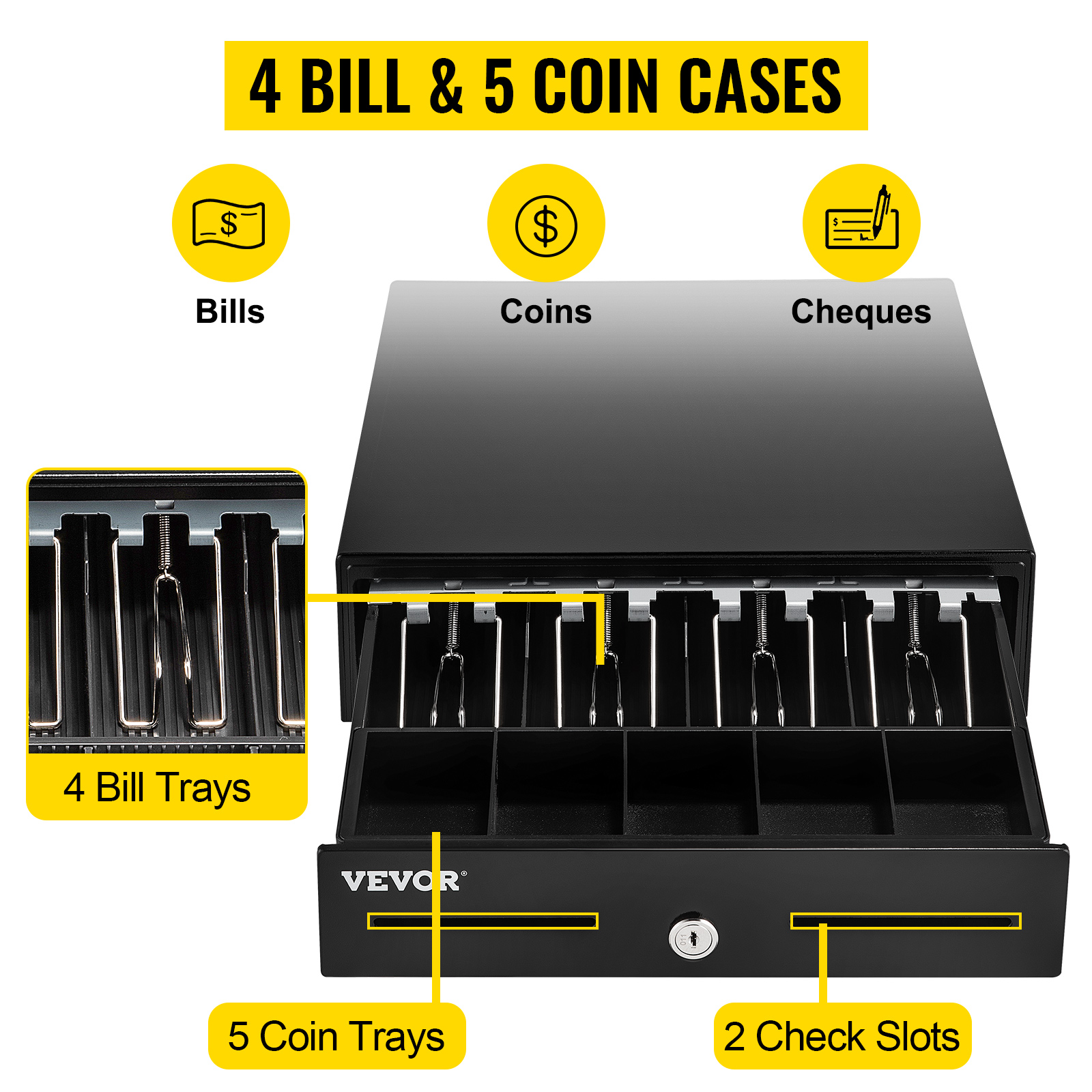 VEVOR cash register drawer with 4 bill trays, 5 coin trays, and 2 check slots.