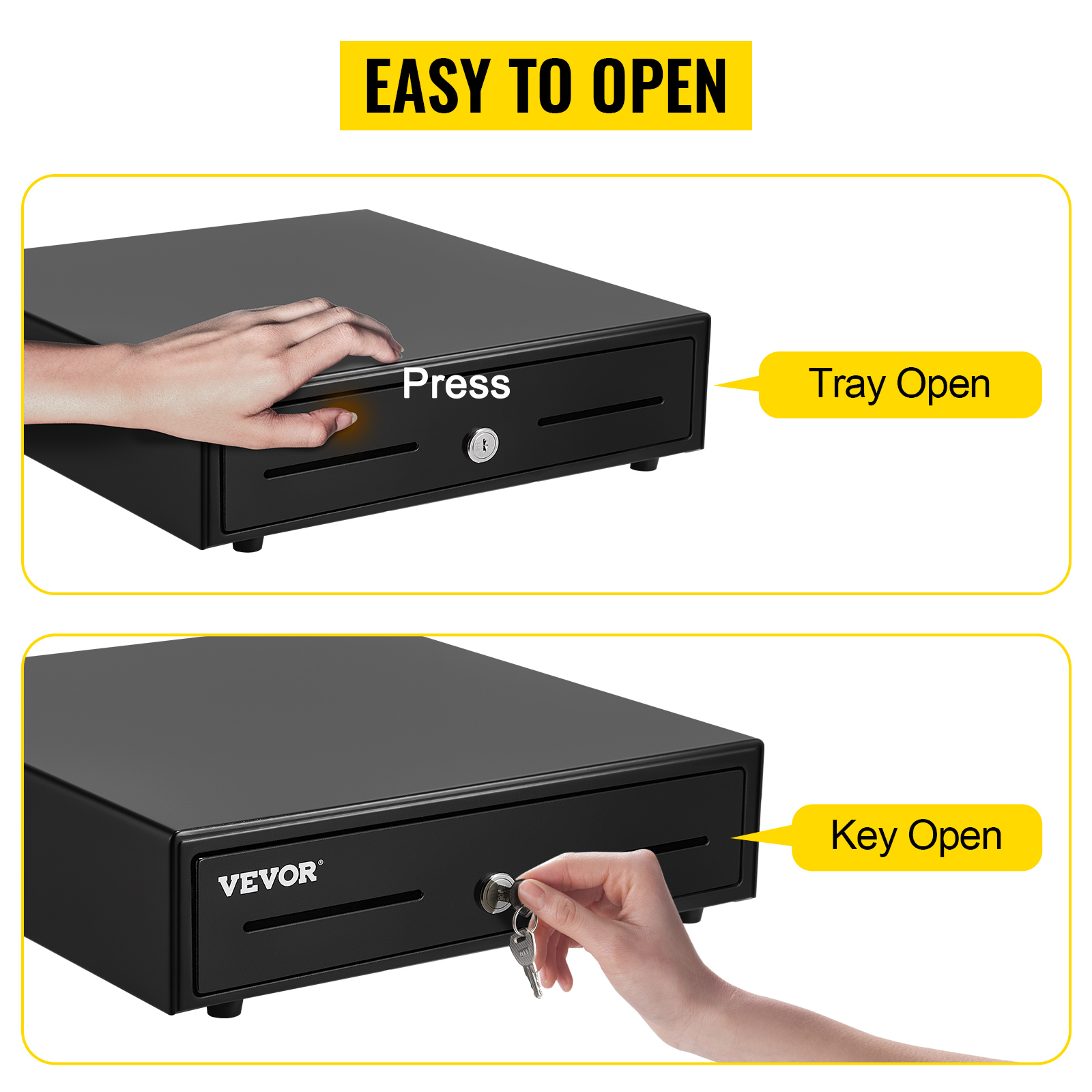 VEVOR cash register drawer with hand pressing to open and using key to unlock. easy to open options.