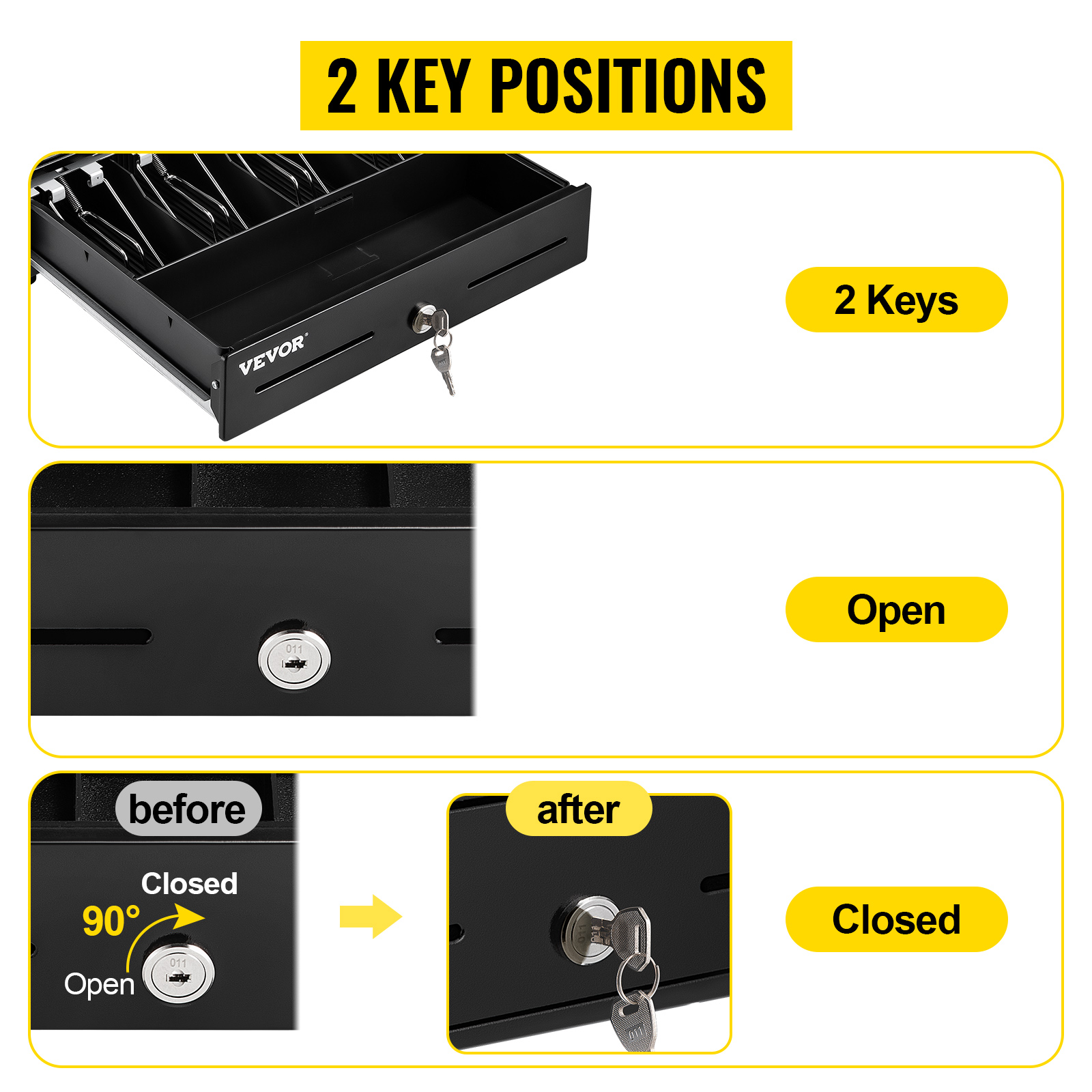 VEVOR cash register drawer with 2 key positions, showing open and closed lock views.