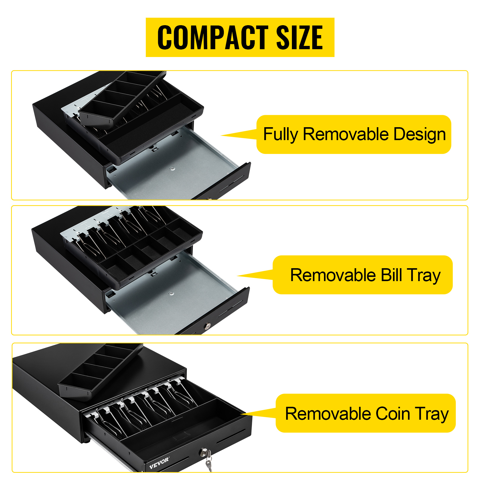 VEVOR cash register drawer with fully removable design, bill tray, and coin tray for compact use.