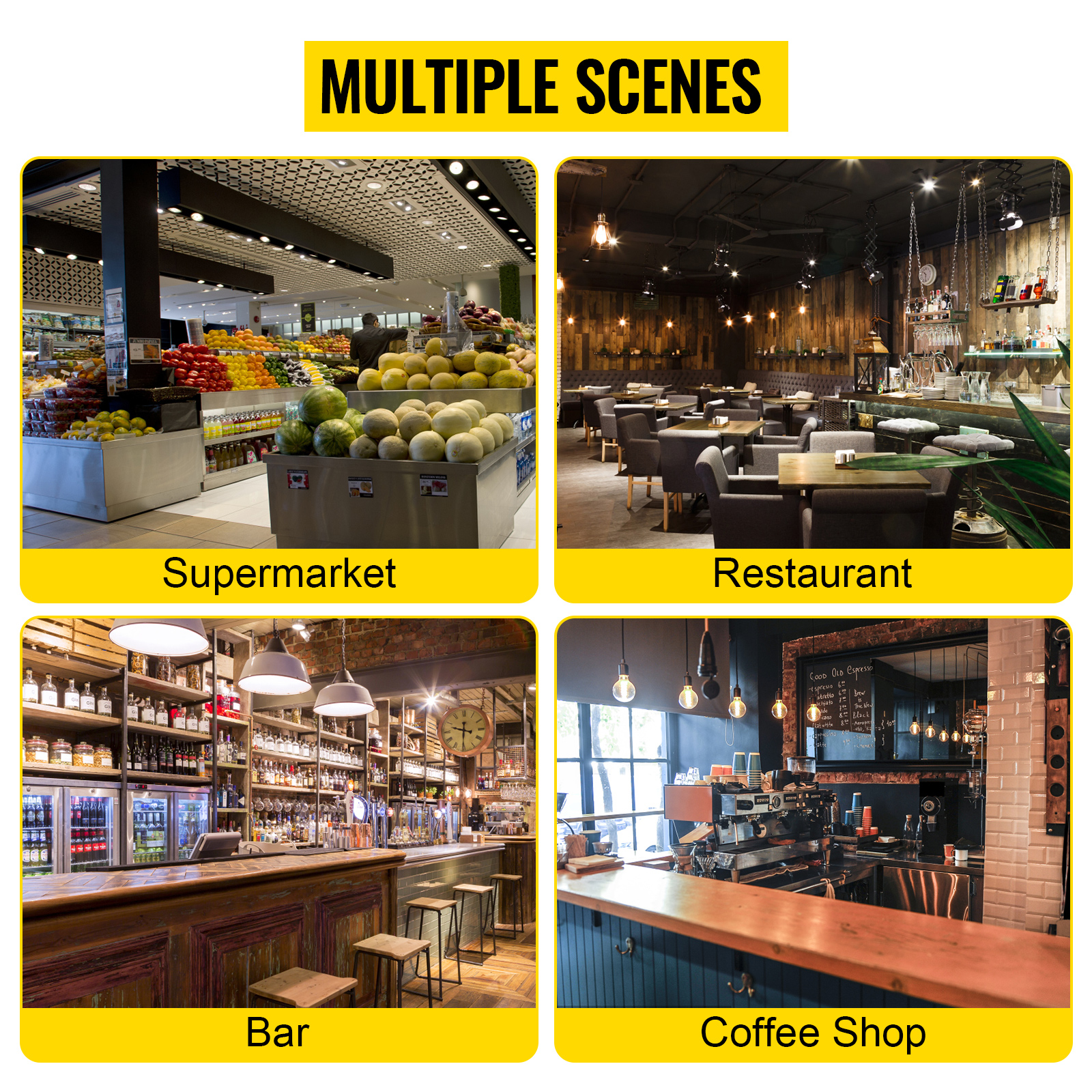 VEVOR cash register drawer shown in multiple scenes: supermarket, restaurant, bar, and coffee shop.