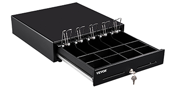 VEVOR cash register drawer with multiple compartments, secure lock, and metal bill clips.