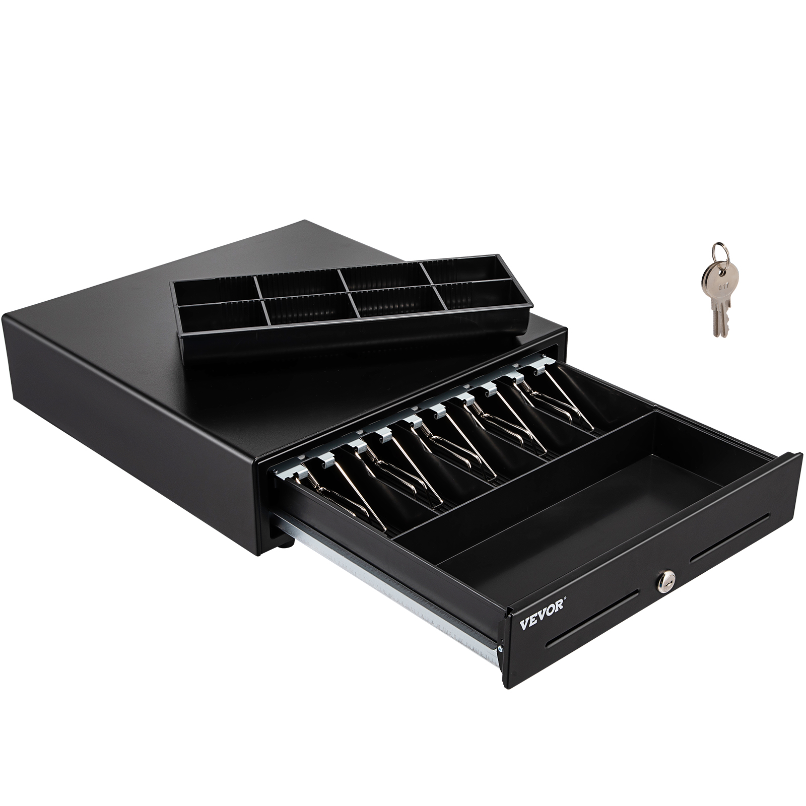 VEVOR cash register drawer with open compartments, keys, and an extra insert tray.