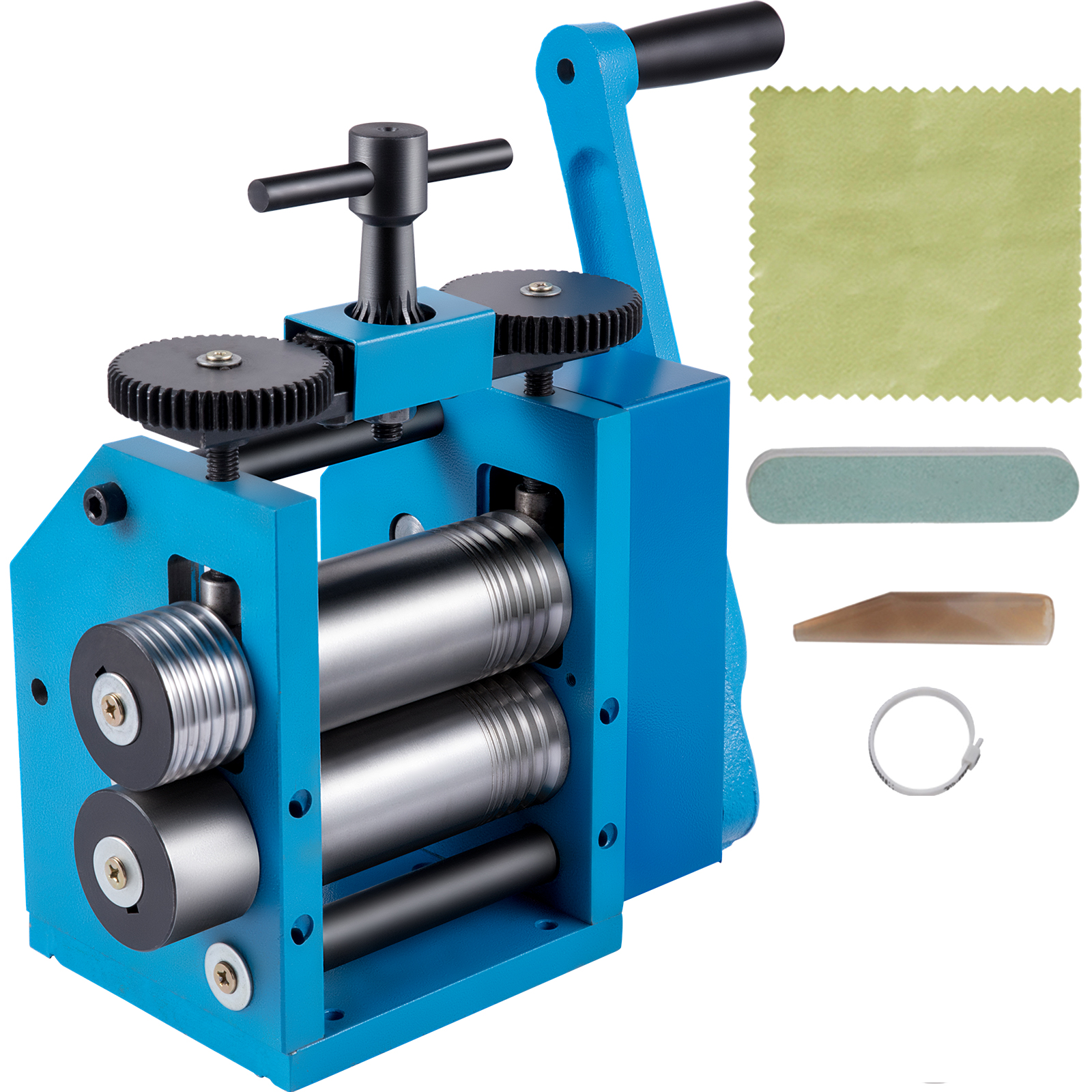 VEVOR jewelry rolling mill with rollers, cleaning cloth, ring, and tools.
